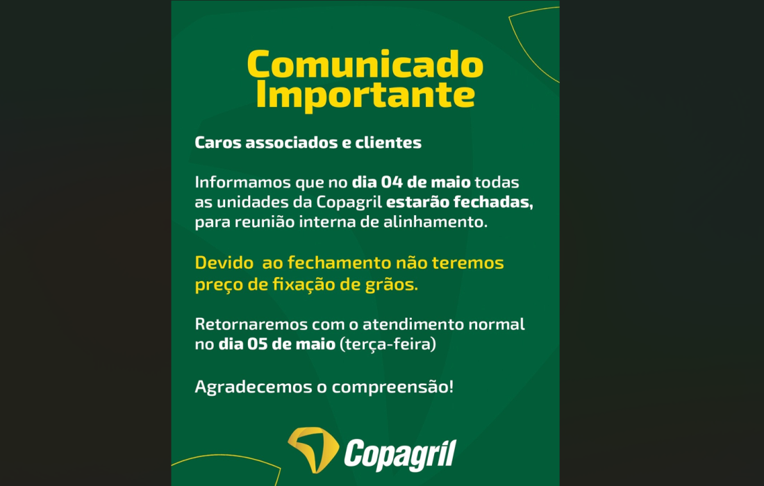 COMUNIDADO: Unidades Copagril estar&atilde;o fechadas para treinamento da equipe na segunda-feira