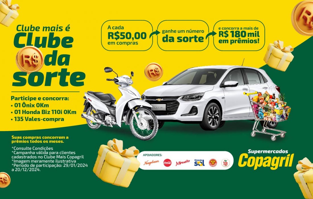 Supermercados Copagril sortear&atilde;o um carro e mais 136 pr&ecirc;mios na nova campanha do Clube Mais