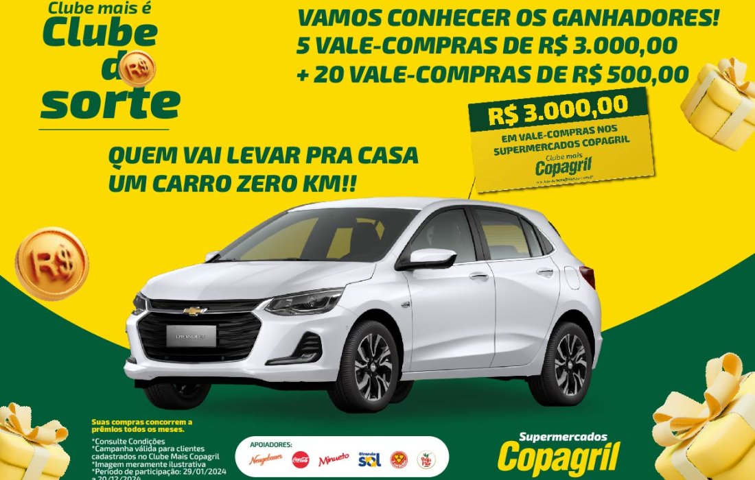 Supermercados Copagril sorteiam carro zero km e R$ 25 mil em vales-compras na campanha Clube Mais
