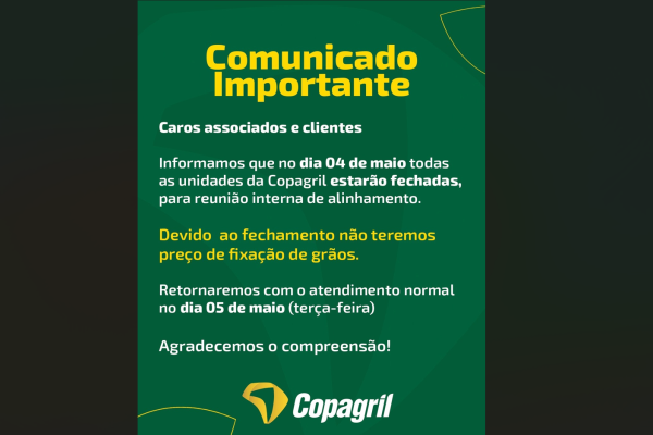 COMUNIDADO: Unidades Copagril estar&atilde;o fechadas para treinamento da equipe na segunda-feira