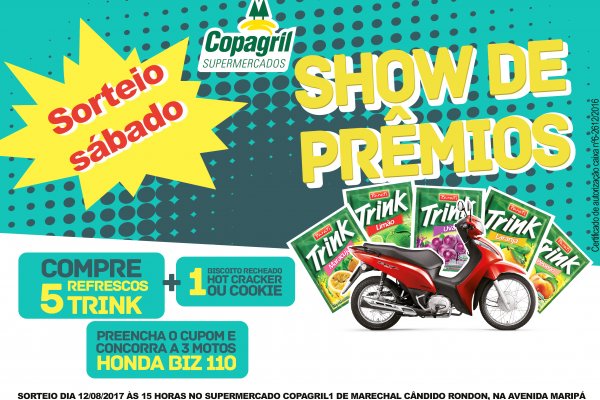 Supermercados Copagril v&atilde;o sortear tr&ecirc;s motos neste s&aacute;bado