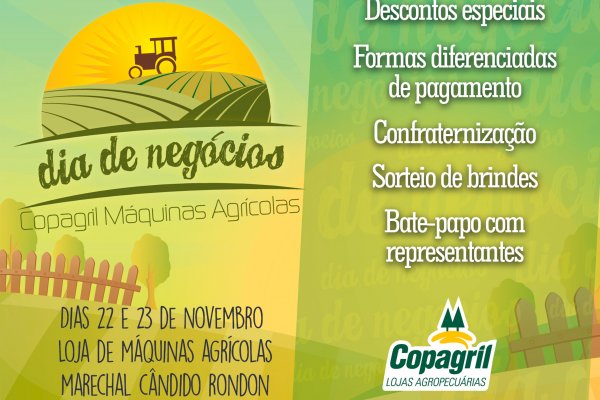 Loja de Maquin&aacute;rios Agr&iacute;colas da Copagril ter&aacute; dois dias de promo&ccedil;&otilde;es especiais
