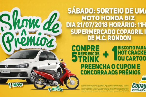 Campanha dos Supermercados Copagril sortear&aacute; uma moto no s&aacute;bado