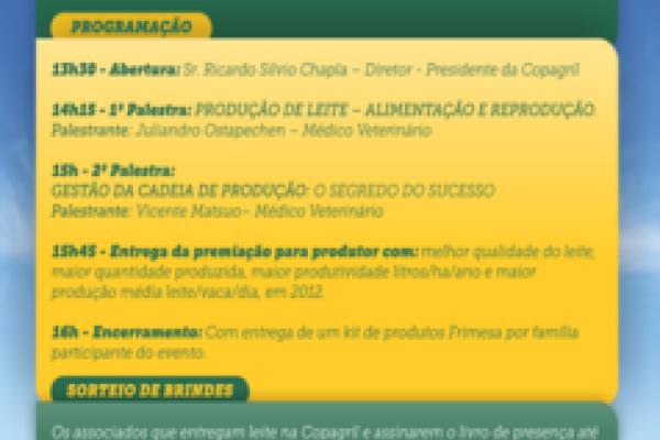Semin&aacute;rio Anual de Produtores de Leite ser&aacute; realizado no dia 26 de abril                            