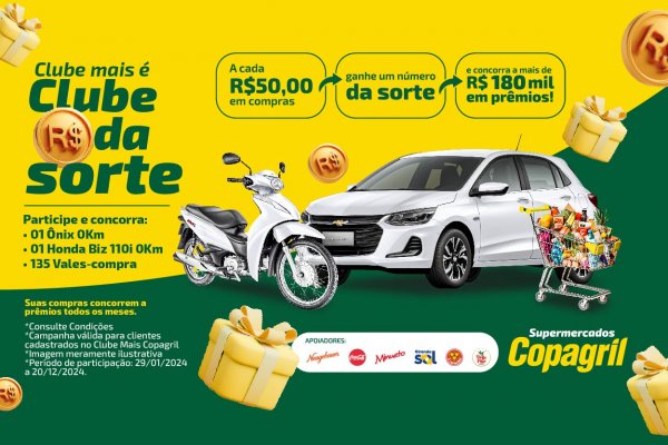 Supermercados Copagril sortear&atilde;o um carro e mais 136 pr&ecirc;mios na nova campanha do Clube Mais