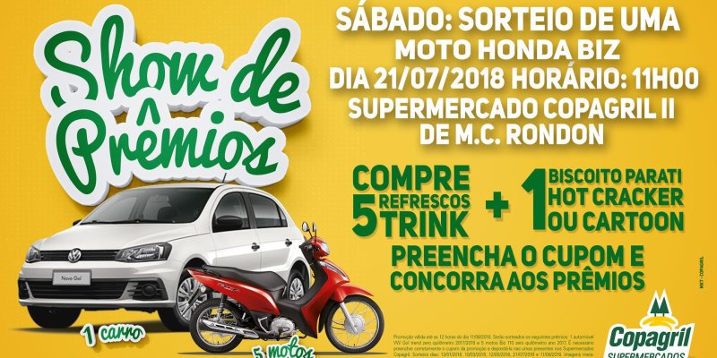 Campanha dos Supermercados Copagril sortear&aacute; uma moto no s&aacute;bado